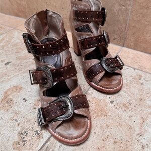 Freebird taupe and brown heeled sandals